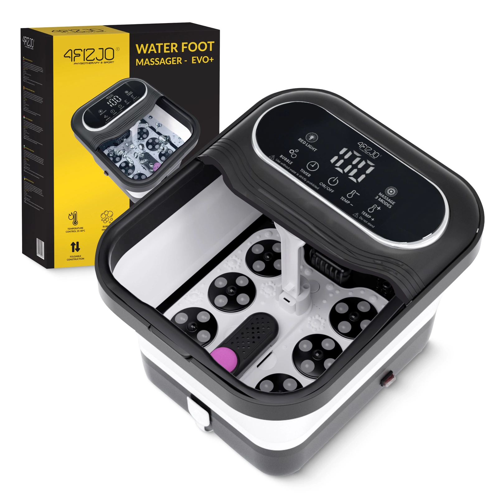 4FIZJO EVO+ Foldable Foot Spa Massager with Heat and Bubbles, Black