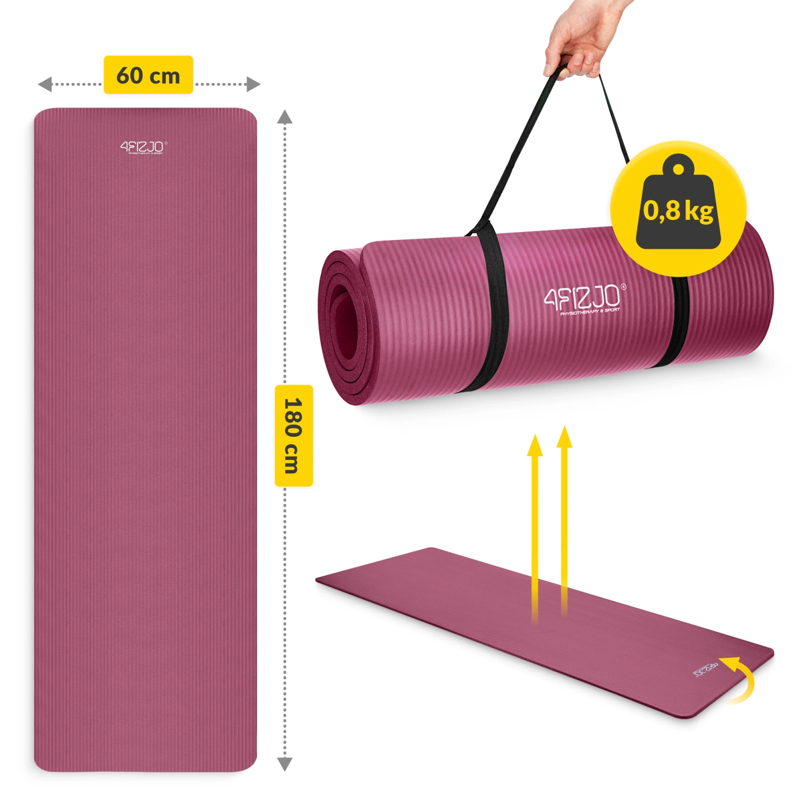 Коврик для фитнеса и йоги NBR 180 × 60 × 1,5 см, бордовый