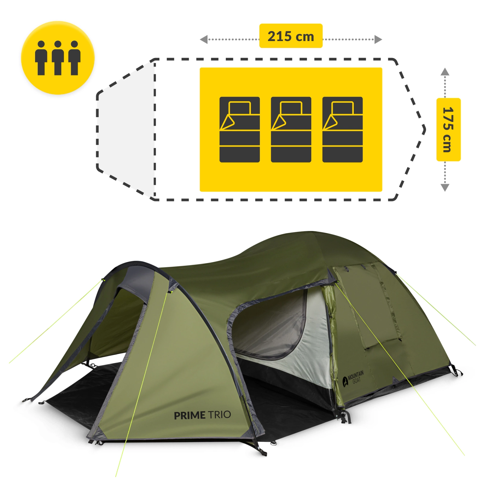 4Fizjo PRIME TRIO MOUNTAIN GOAT 3-Person Camping Tent, Green