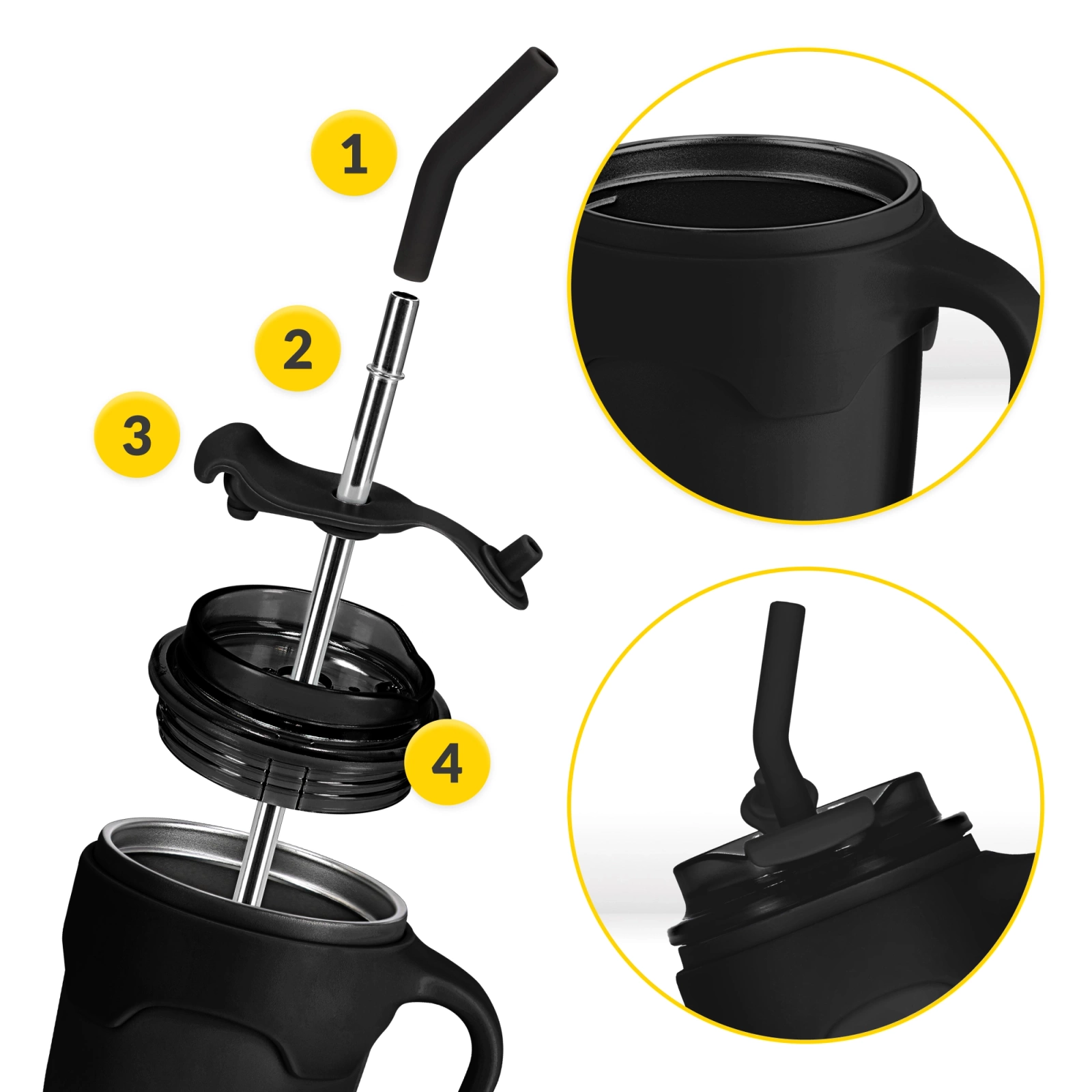 4Fizjo Mountain Goat Thermal Mug with Straw, 650 ml, Black