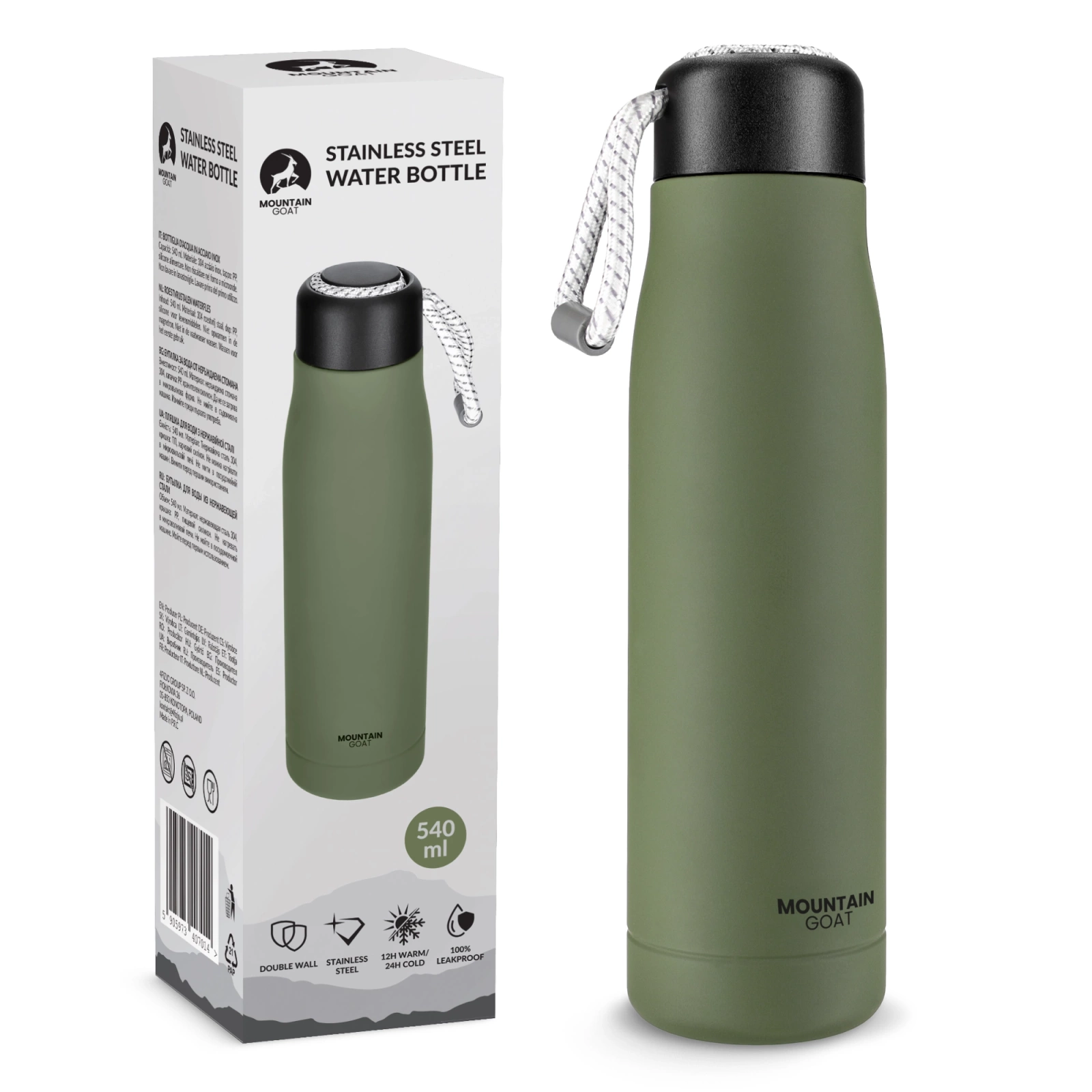 4Fizjo Mountain Goat Thermal Bottle with Strap, 540 ml, Green