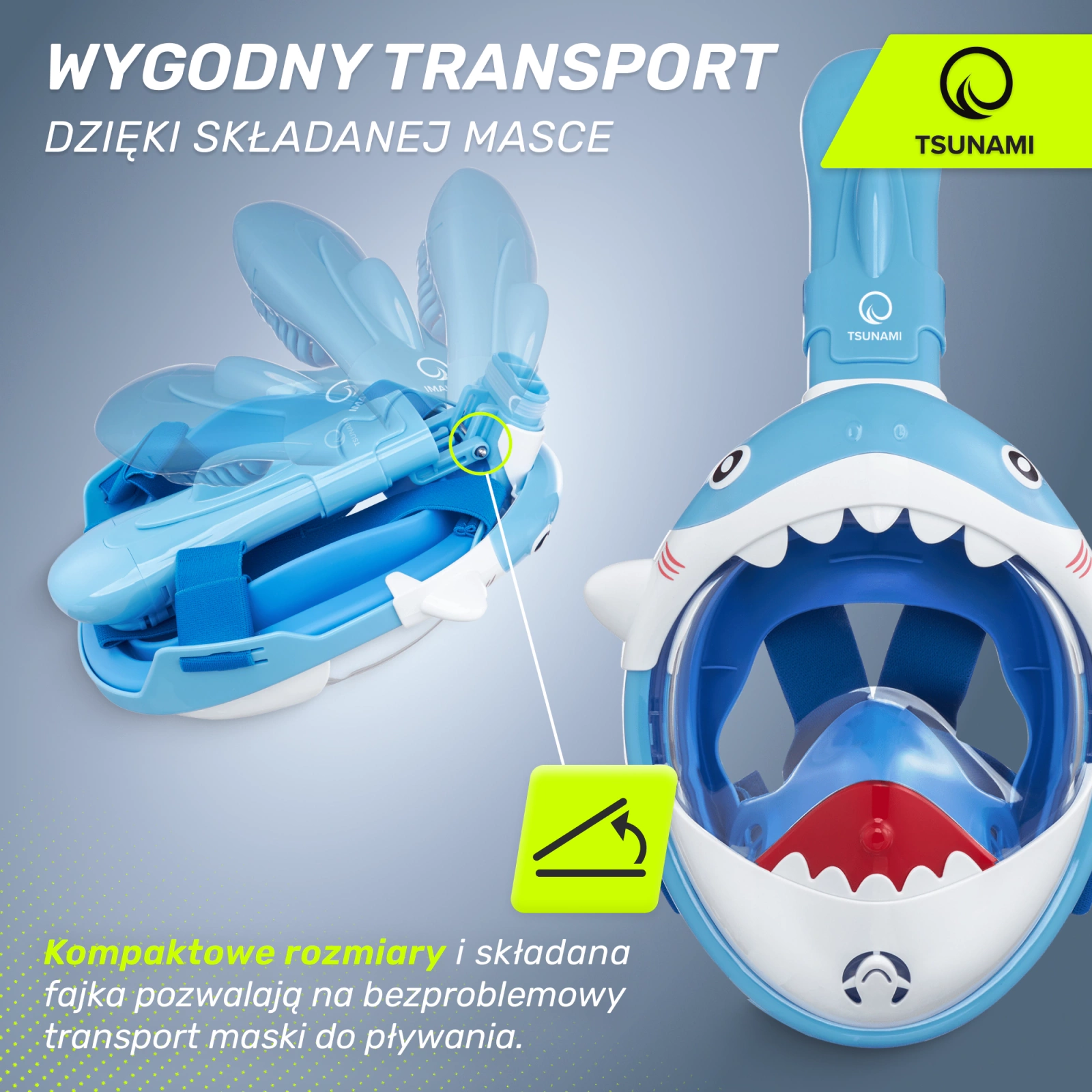 4Fizjo TSUNAMI Kids Full-Face Snorkeling Mask Shark, Blue