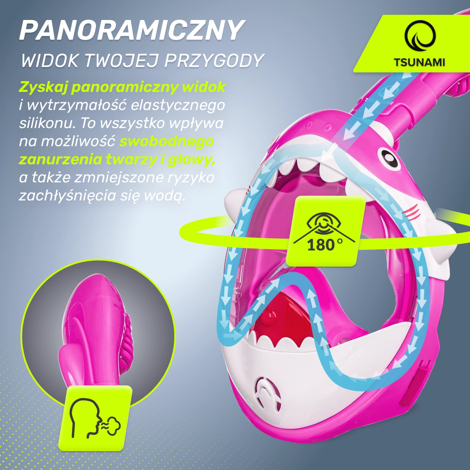 4Fizjo TSUNAMI SHARK Kids Full Face Snorkeling Mask, Pink