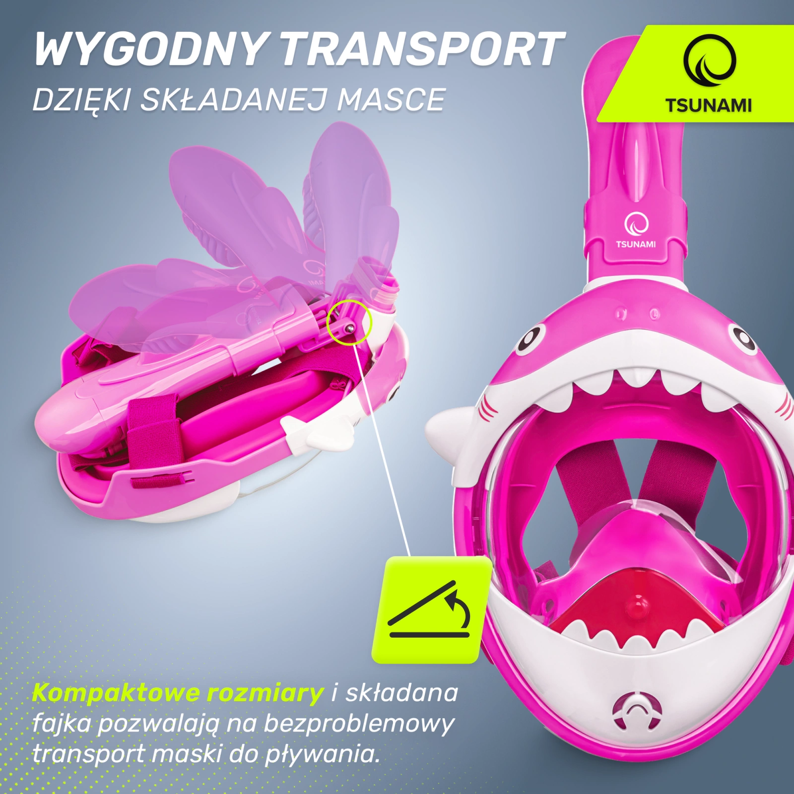 4Fizjo TSUNAMI SHARK Kids Full Face Snorkeling Mask, Pink