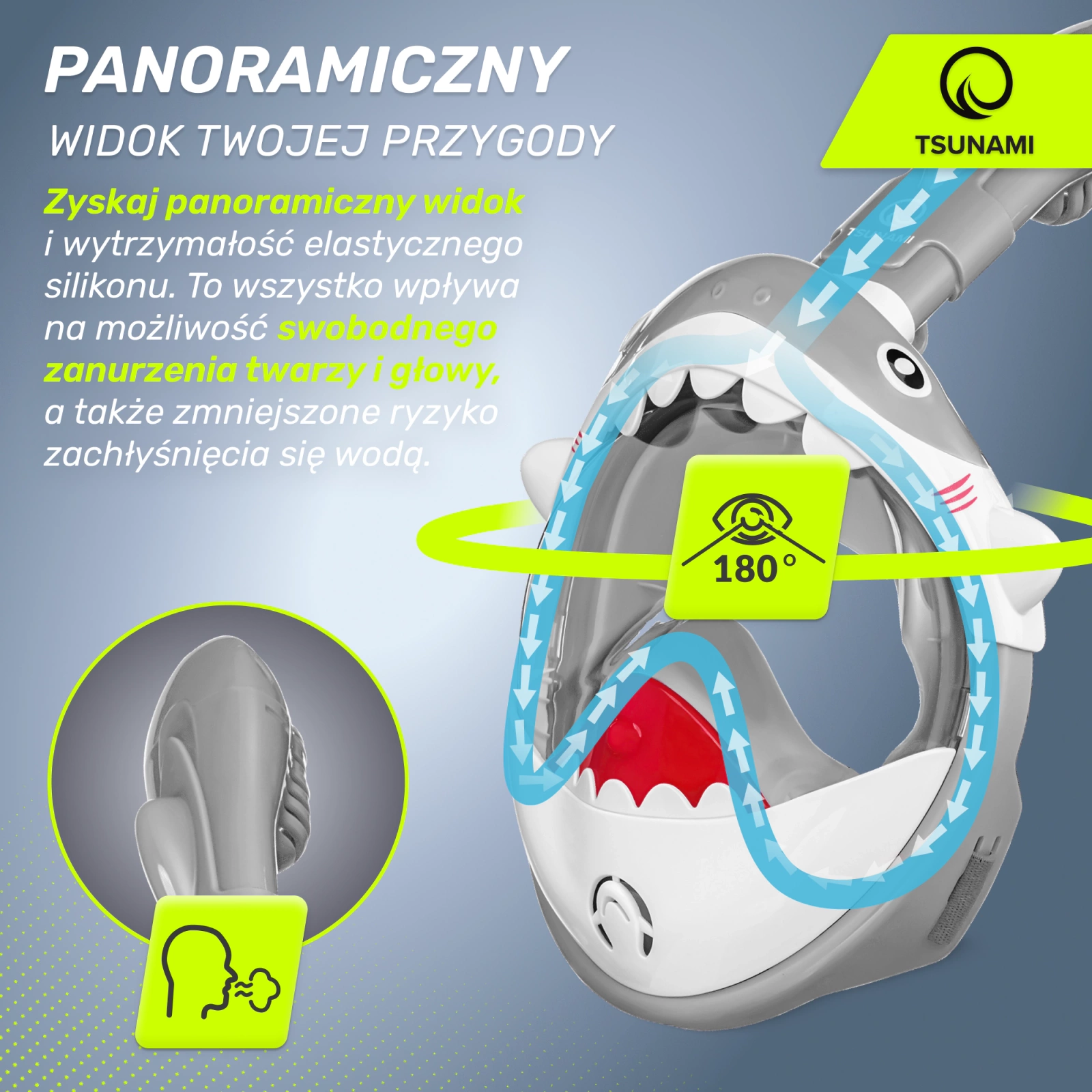 4Fizjo Tsunami Shark Kids Full Face Snorkeling Mask, Grey