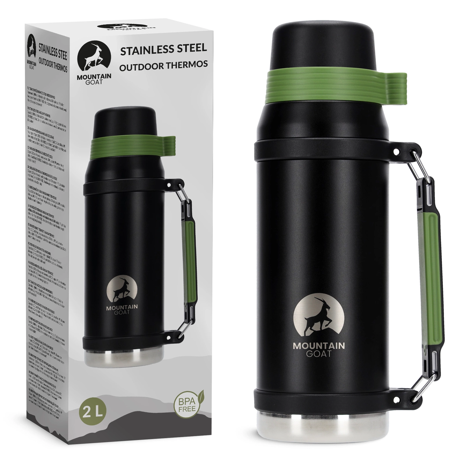 MOUNTAIN GOAT 2L Insulated Hiking Thermos for Hot & Cold Drinks, Black-Green