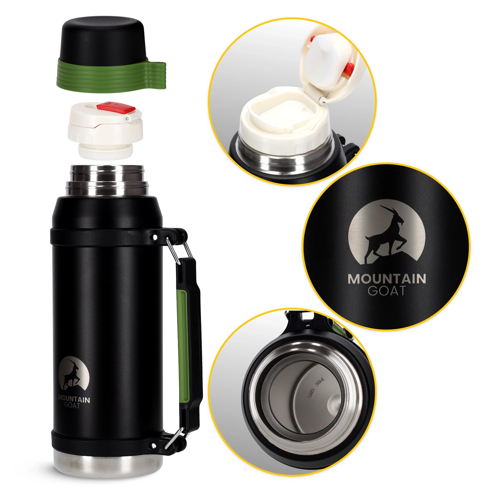 4Fizjo Mountain Goat Travel Thermos, 2L, Black/Green