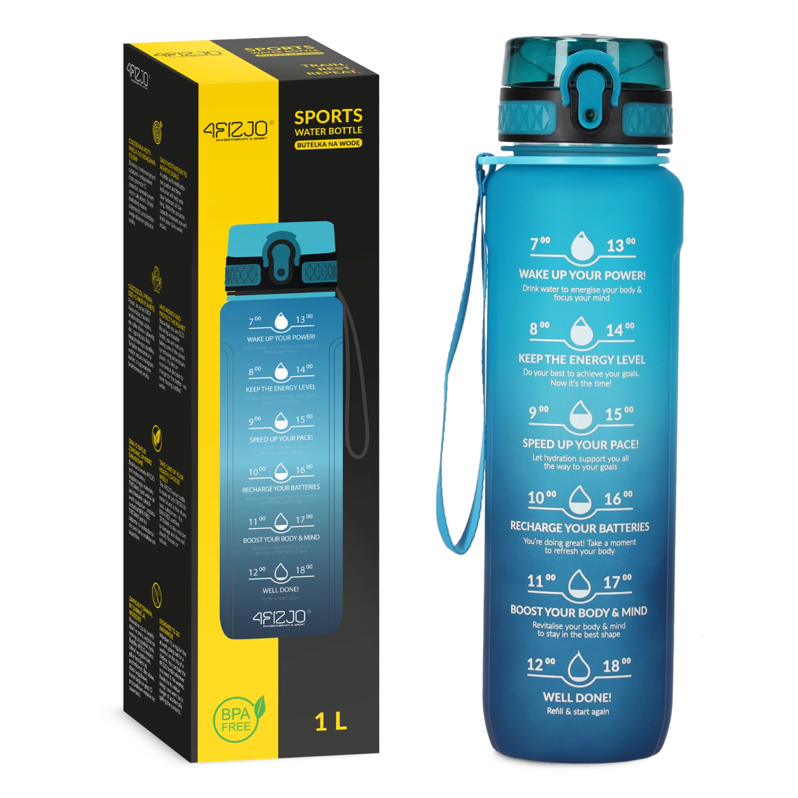 4FIZJO Motivational Sports Water Bottle 1L, Blue
