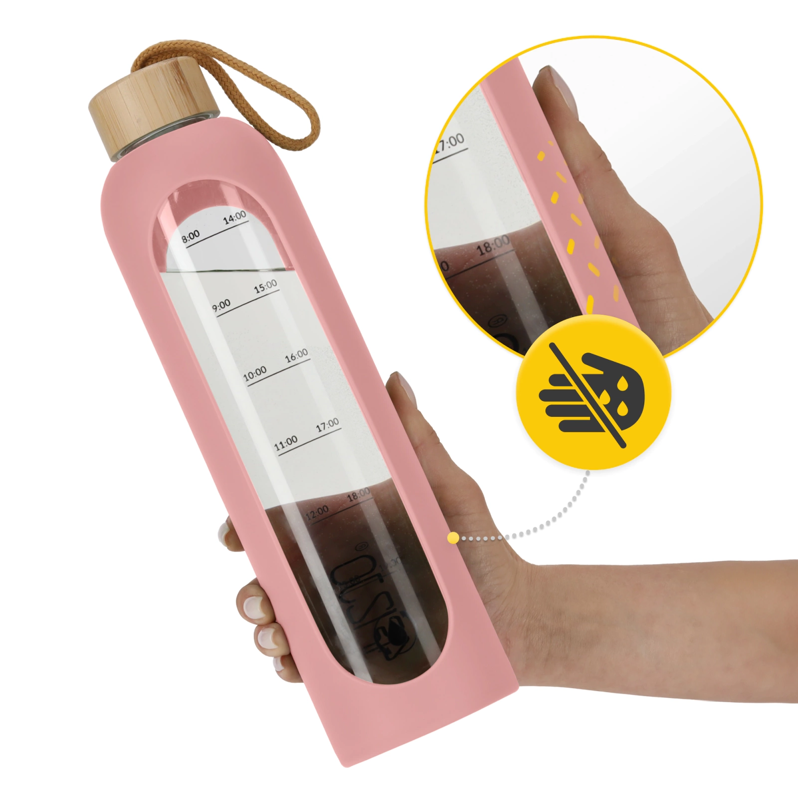 4Fizjo Glass Water Bottle with Silicone Sleeve, 1 L, Pink
