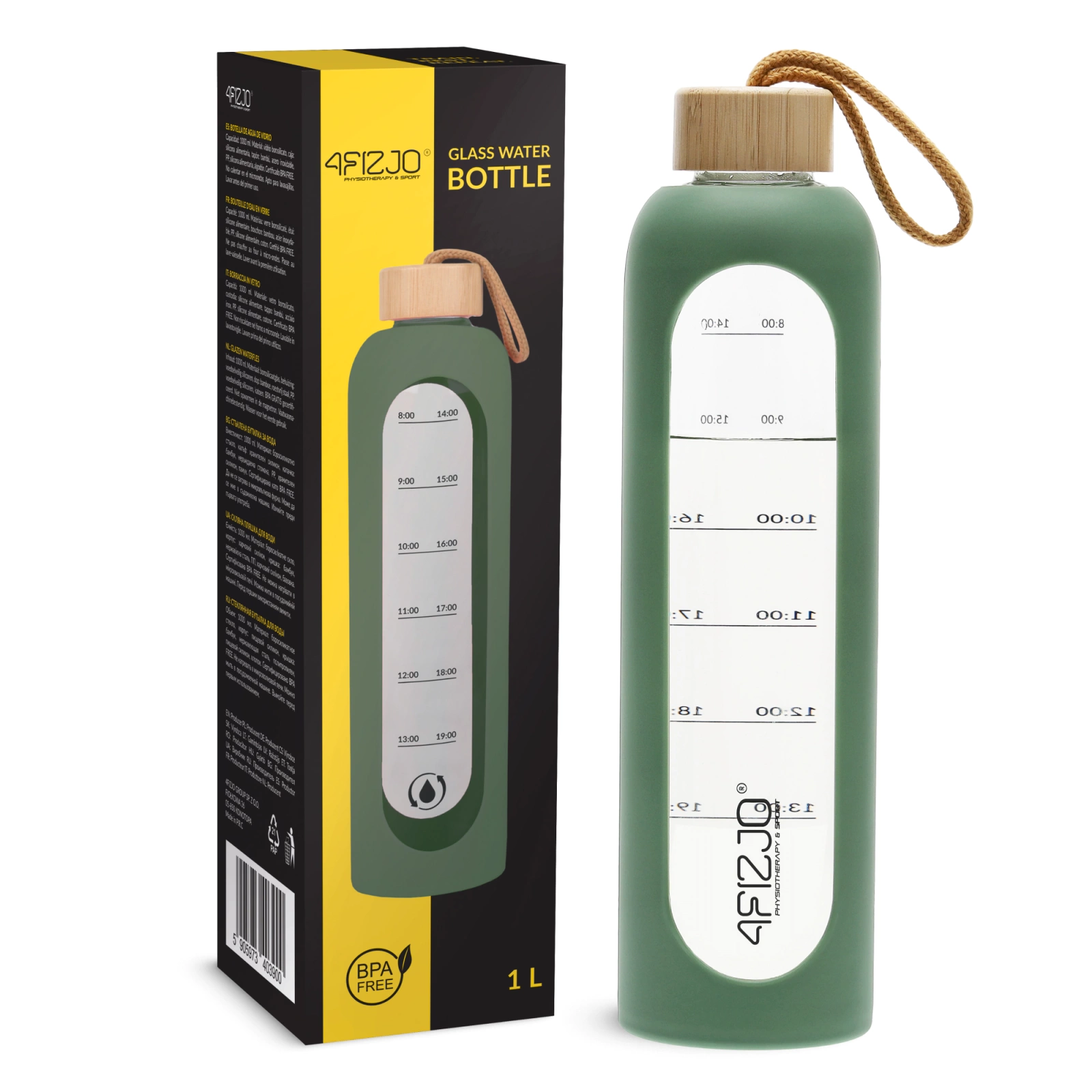 4FIZJO Glass Water Bottle with Motivational Marker 1L, Olive Green