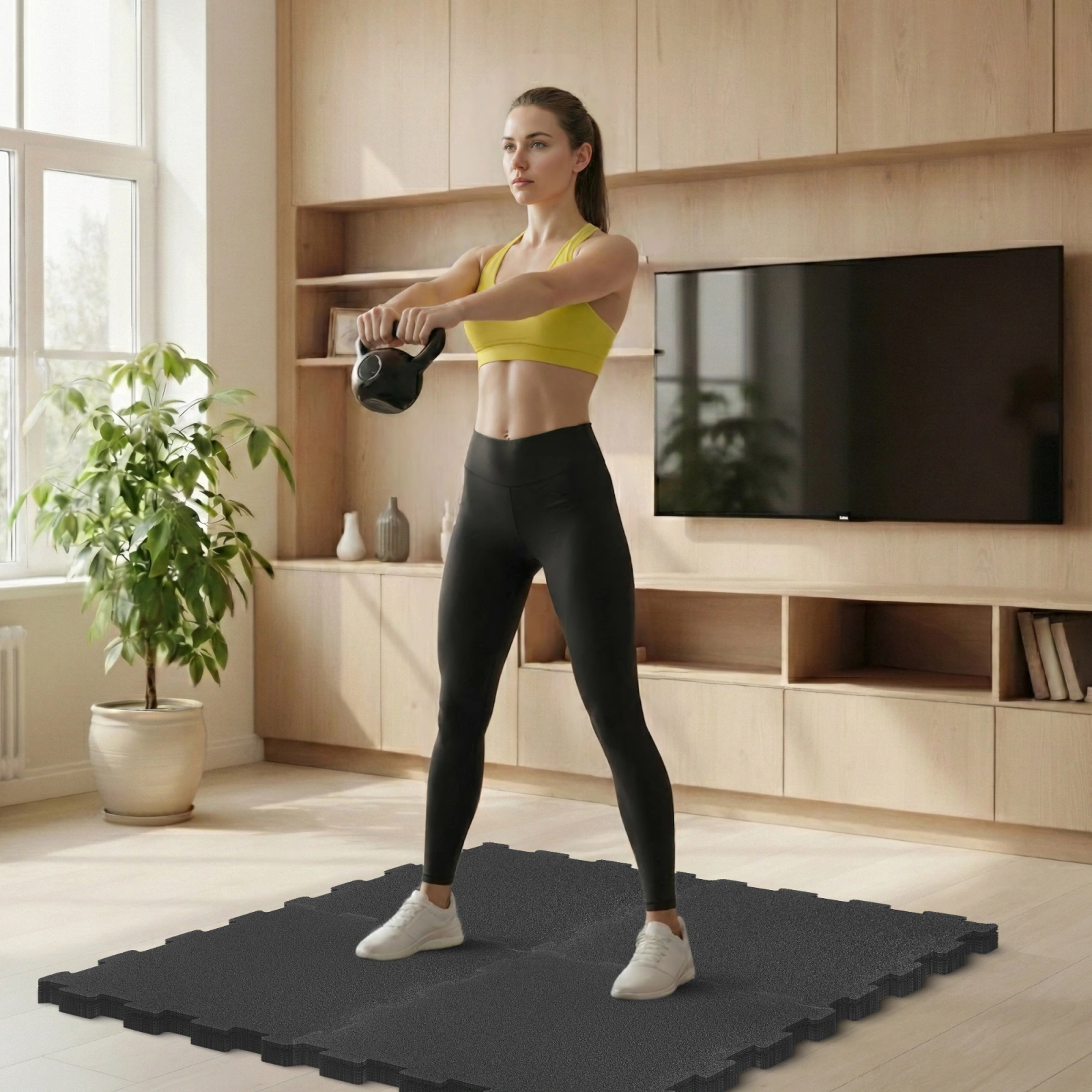 Interlocking Rubber Gym Flooring Tiles 4FIZJO 4 Pack 19x19x0.6 in, Black