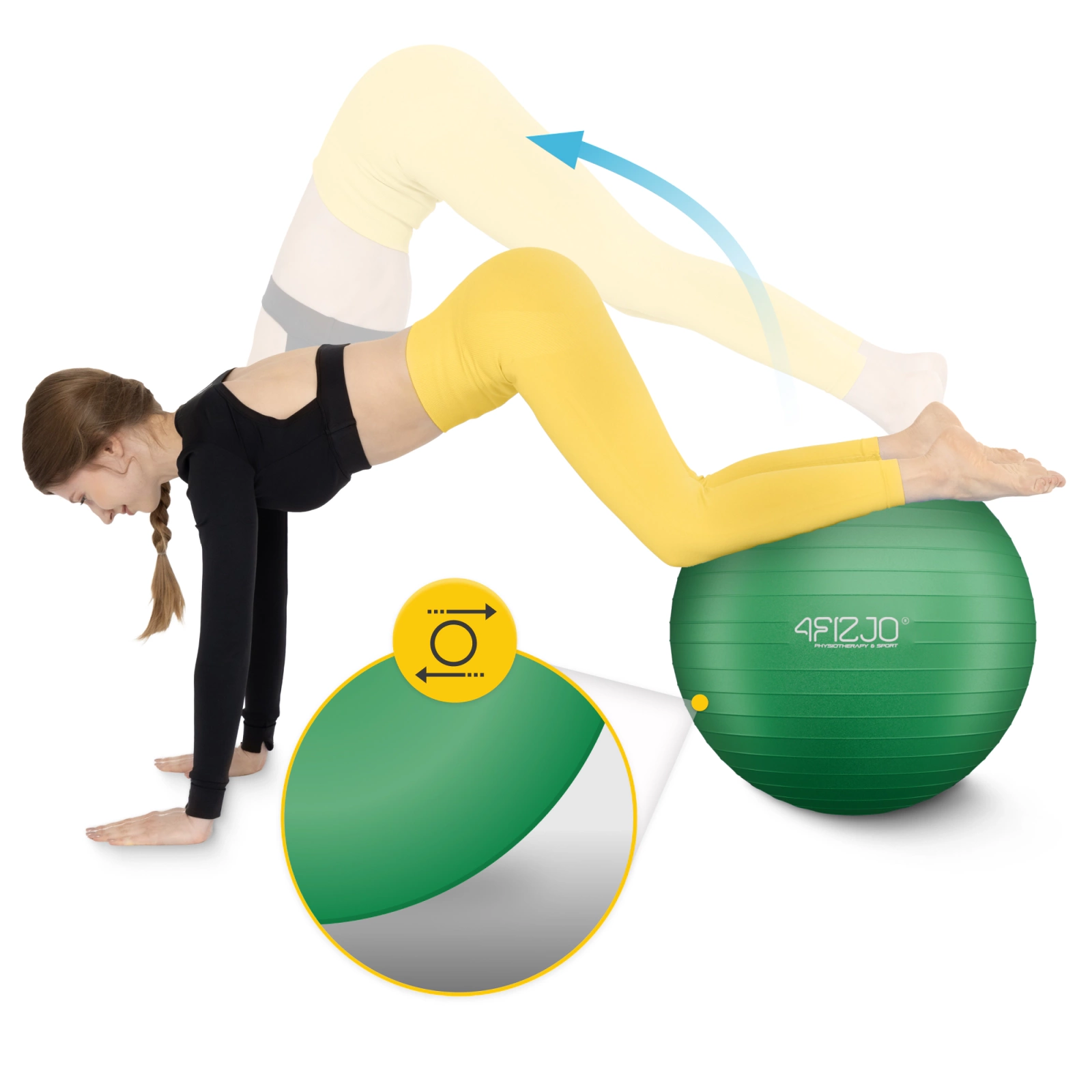 Vingrošanas bumba 4FIZJO 65 cm fitnesam un rehabilitācijai, ar pumpi, zaļa