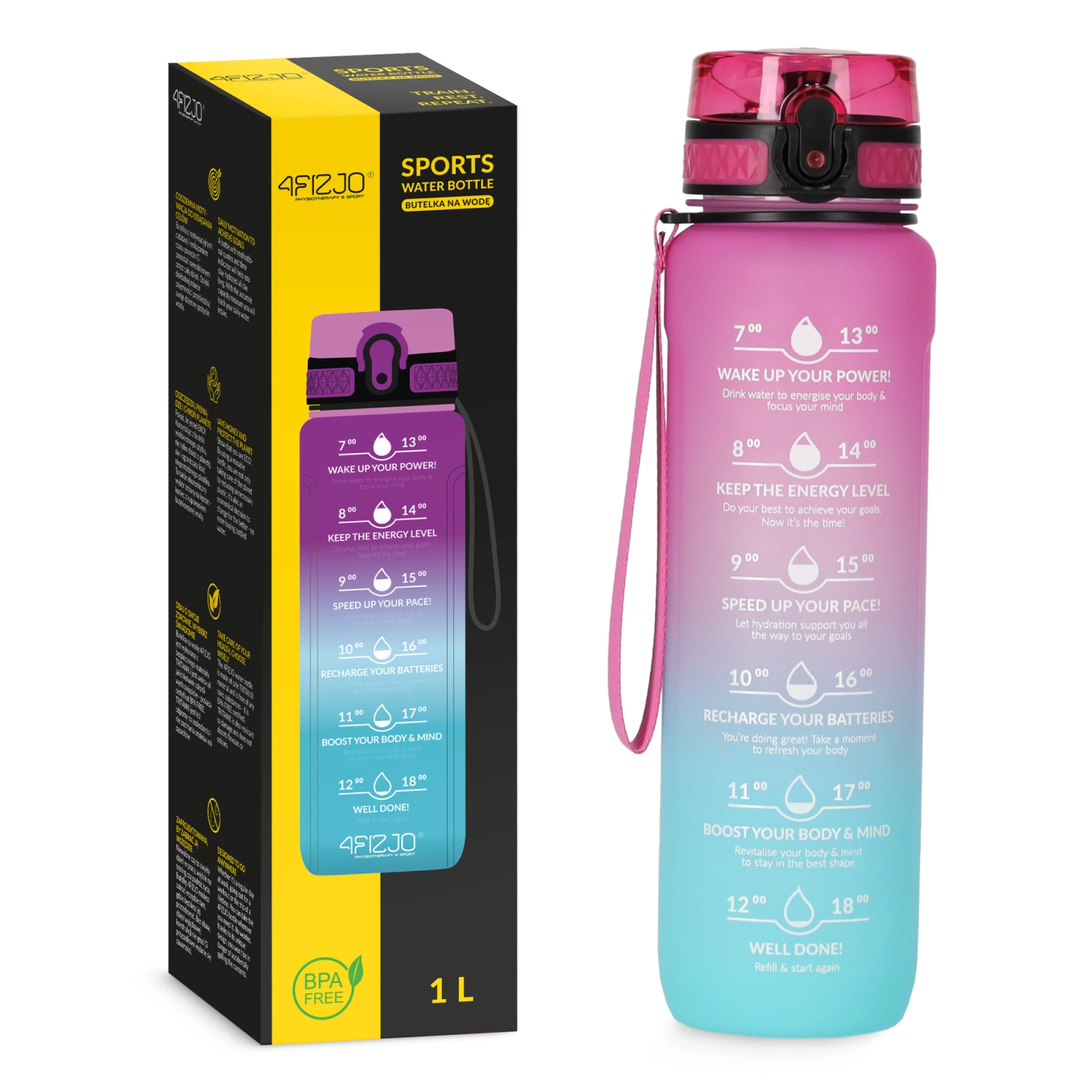 4FIZJO Motivational Water Bottle with Time Marker 1L, BPA-Free Tritan, Pink Blue