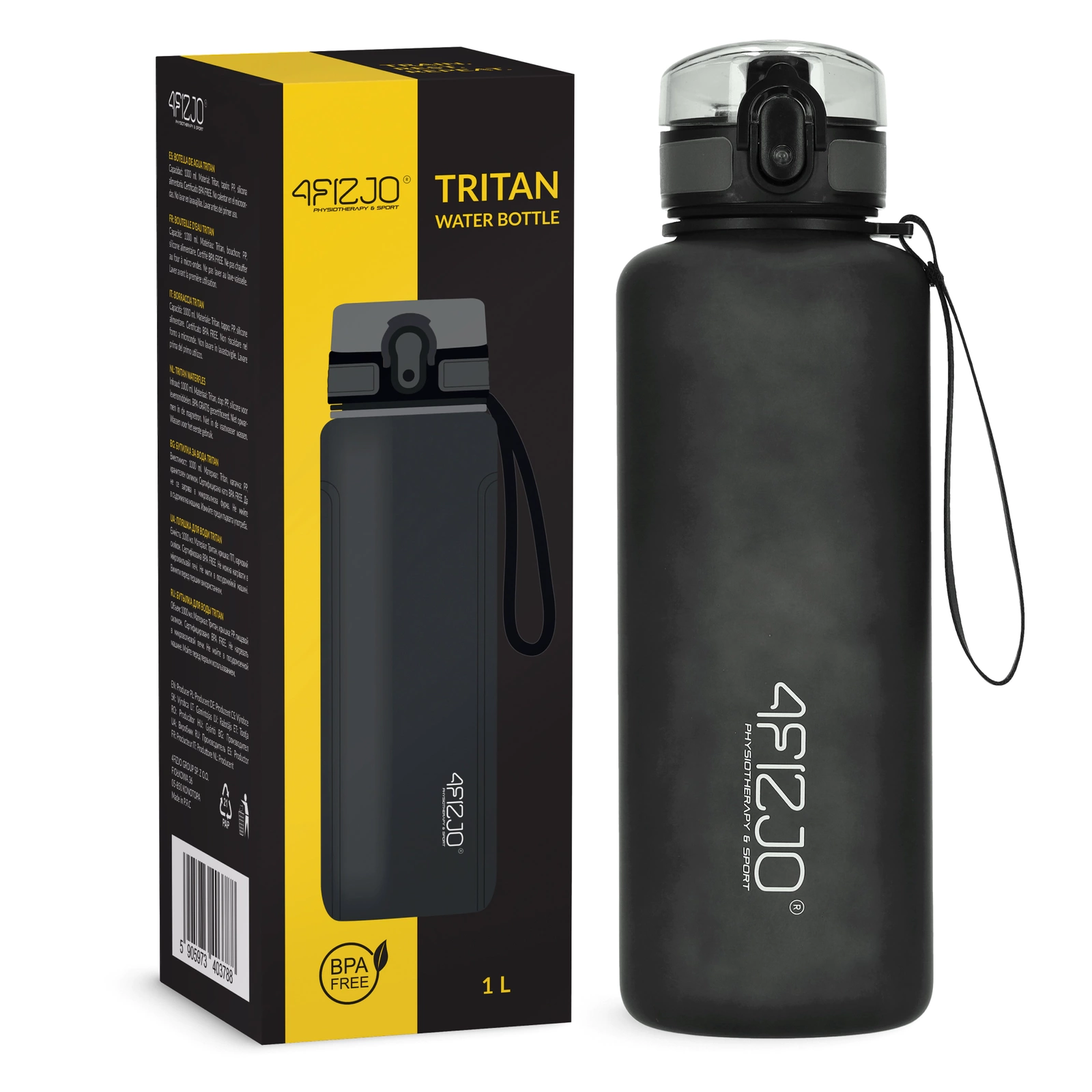 4FIZJO Sports Water Bottle 1L Tritan BPA-Free for Gym & Fitness, Black