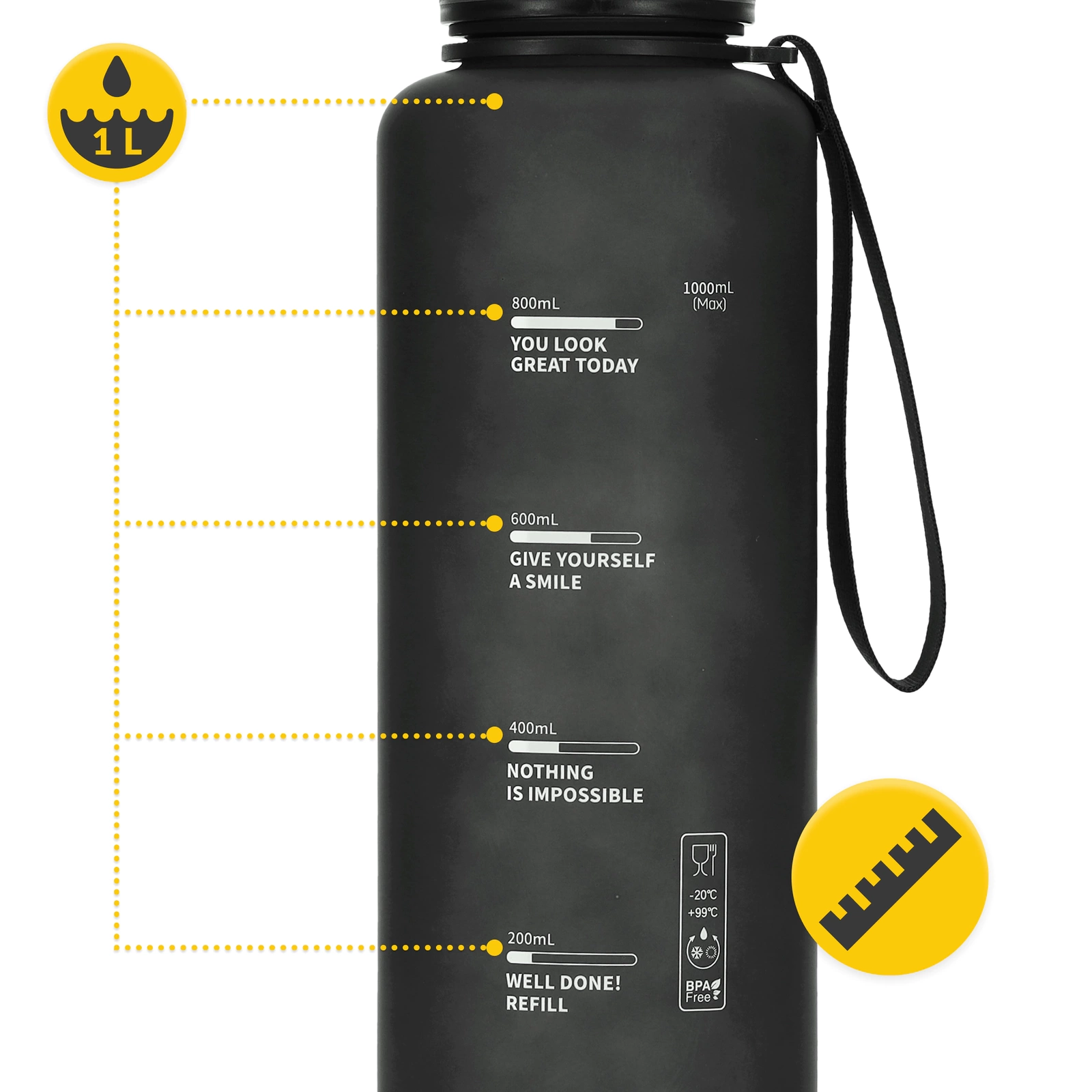 4Fizjo Sports Water Bottle, Tritan, 1L, Black