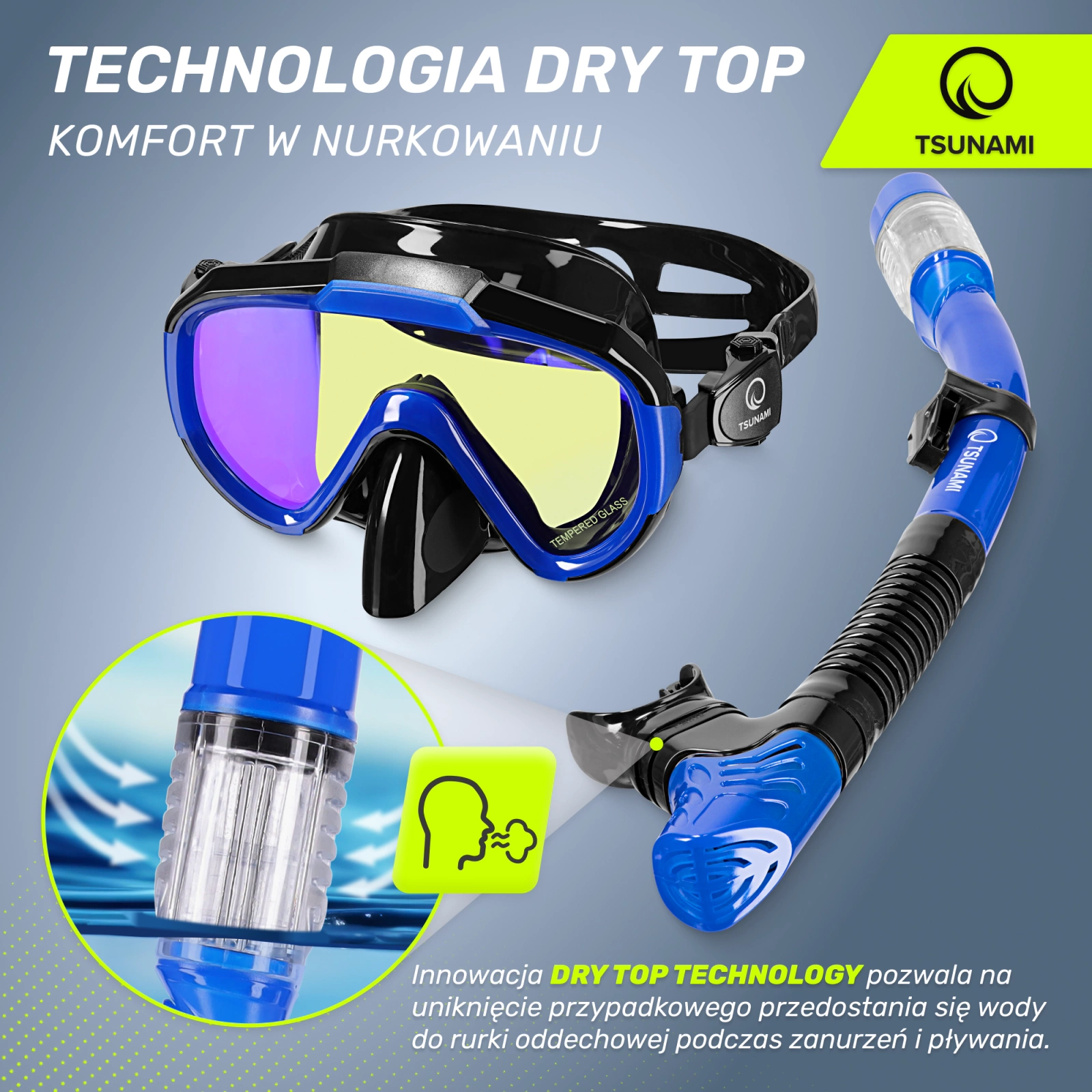 4Fizjo Tsunami Diving and Snorkeling Mask with Snorkel, Blue