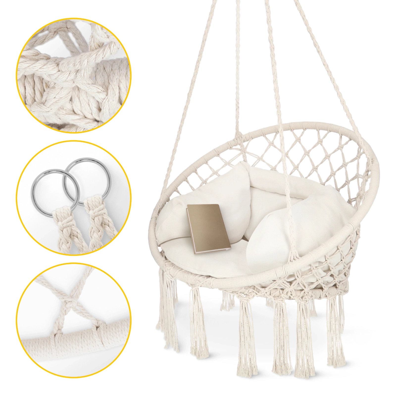 4Fizjo BOHO Hanging Chair with Cushion, Beige