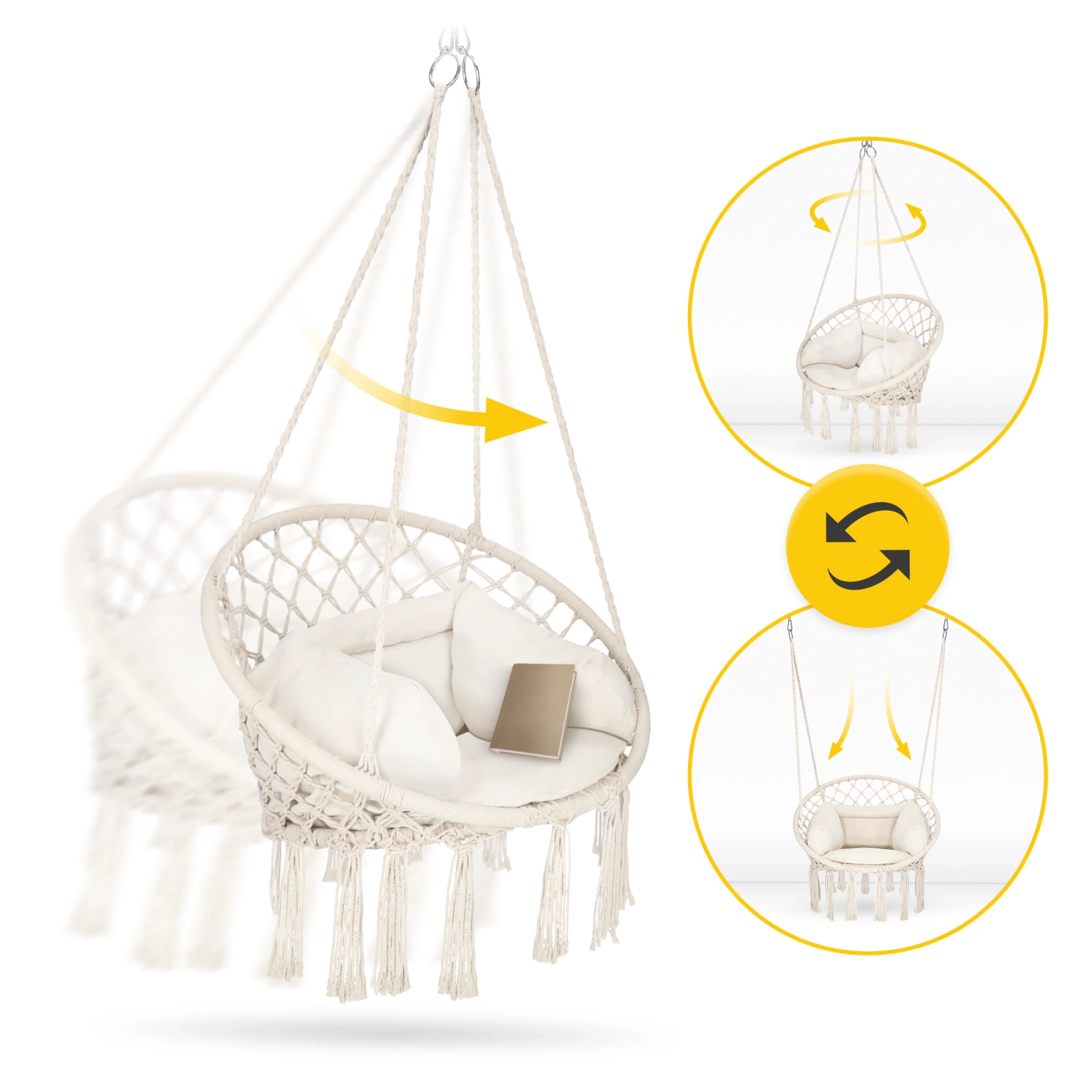 4Fizjo BOHO Hanging Chair with Cushion, Beige