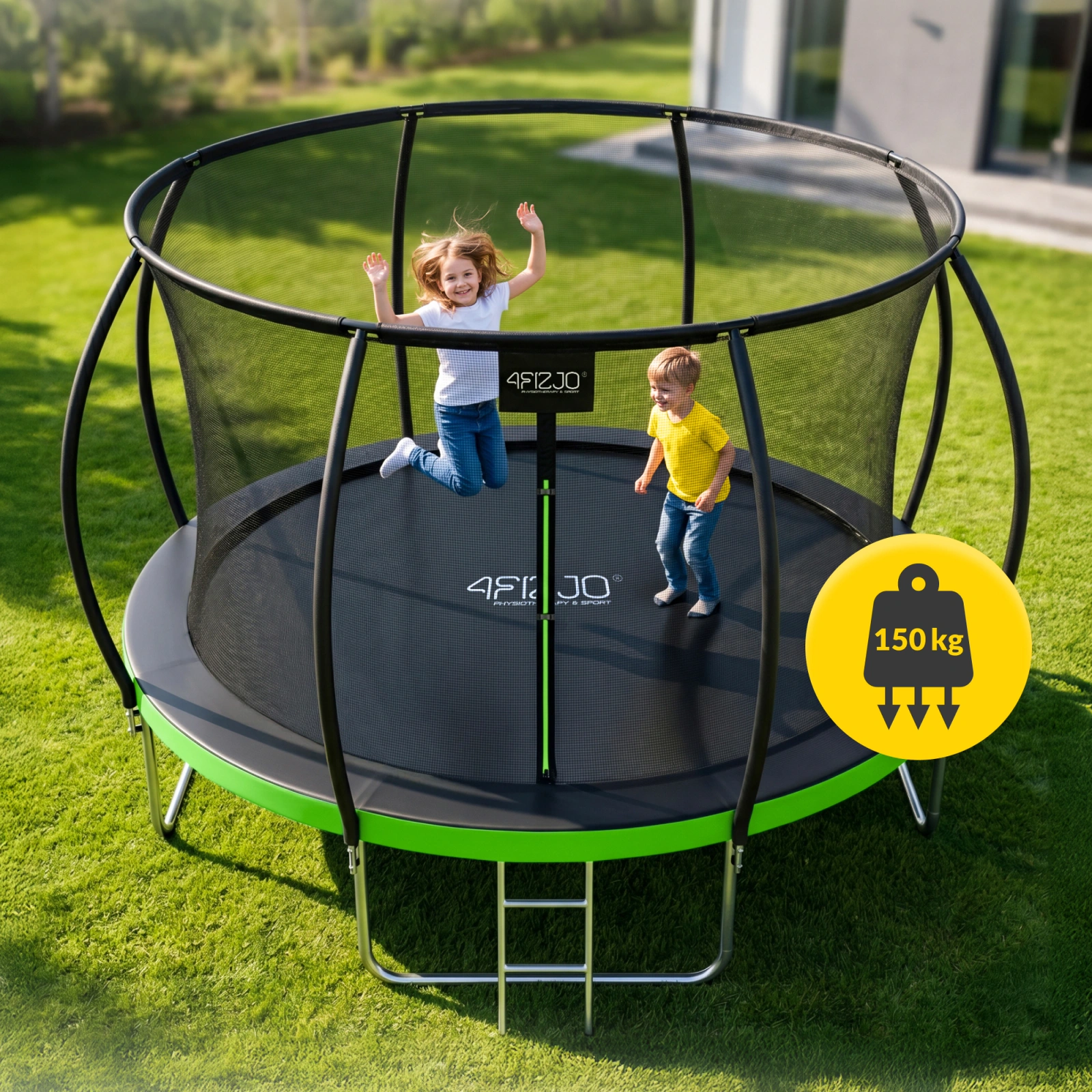 4Fizjo 1219 PRO Kids Garden Trampoline with Safety Net, 374 cm (12FT), Green/Black