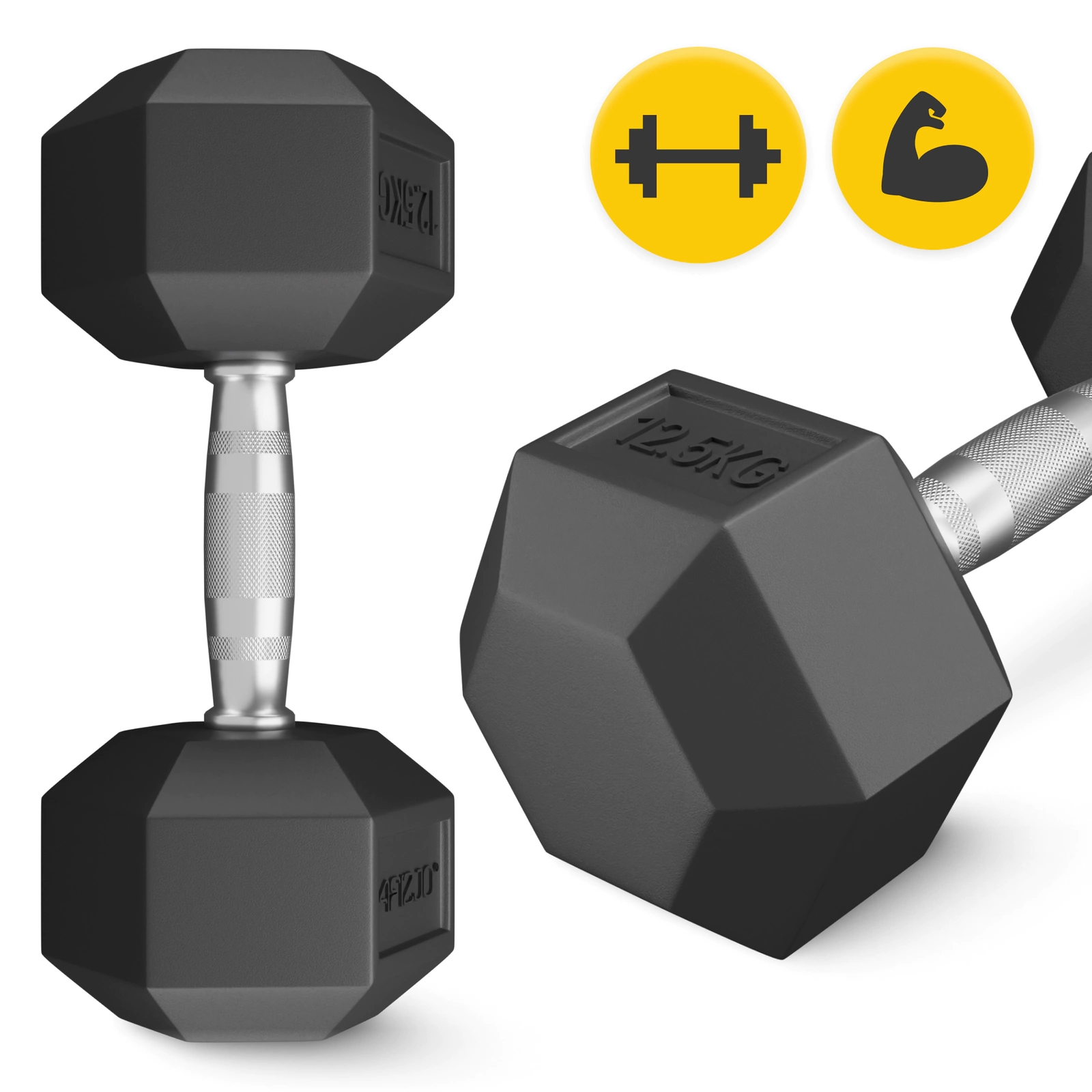 4Fizjo HEX Steel Dumbbell, 12.5 kg, Black
