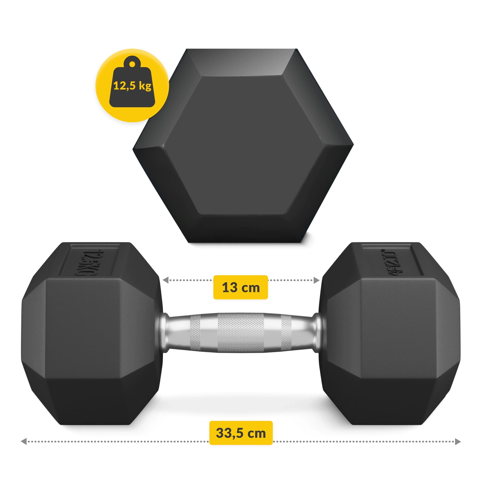 4Fizjo HEX Steel Dumbbell, 12.5 kg, Black
