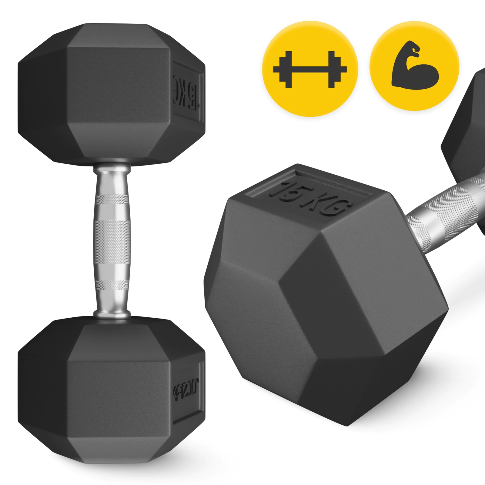 4Fizjo HEX Rubberized Steel Dumbbell 15 kg, Black