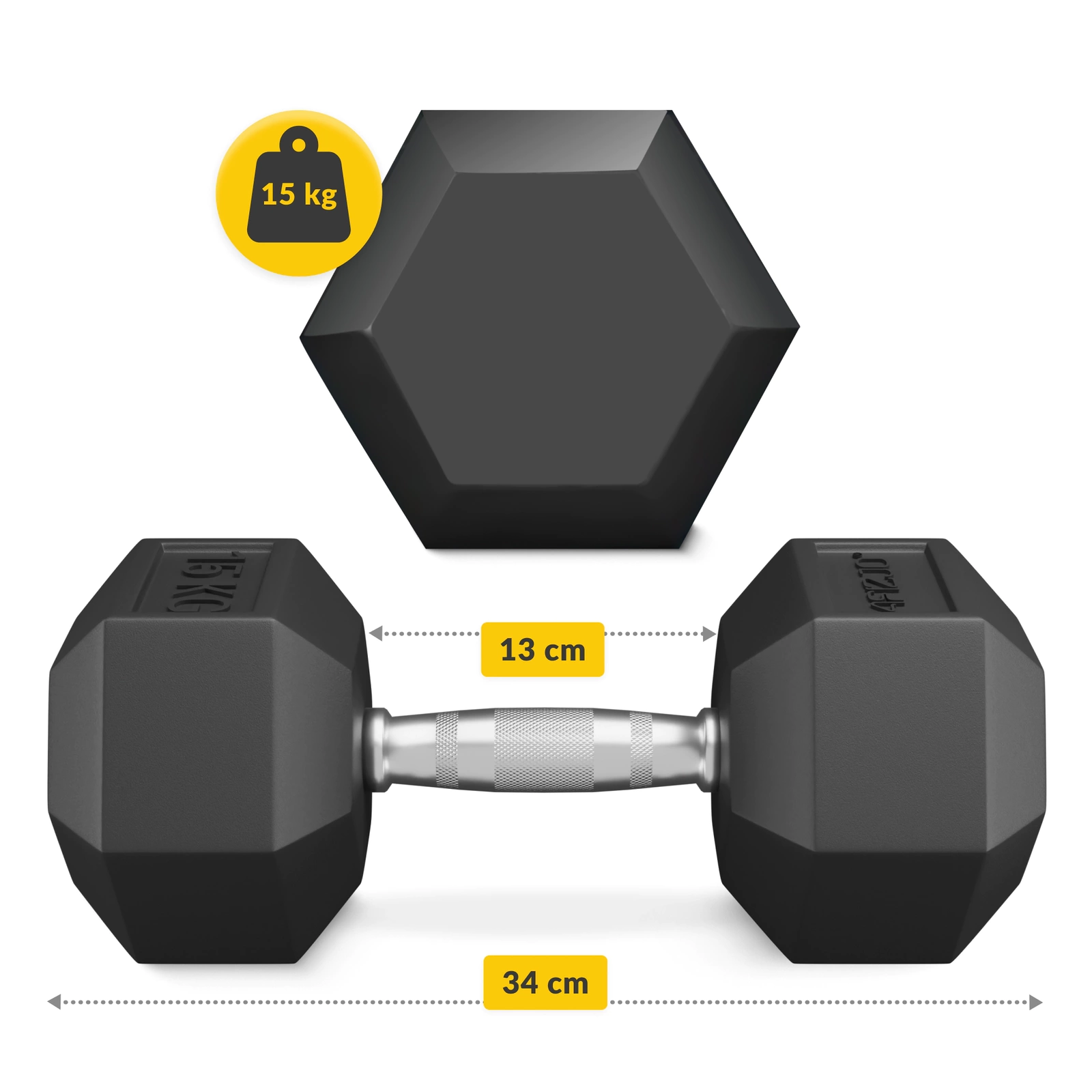 4Fizjo HEX Rubberized Steel Dumbbell 15 kg, Black