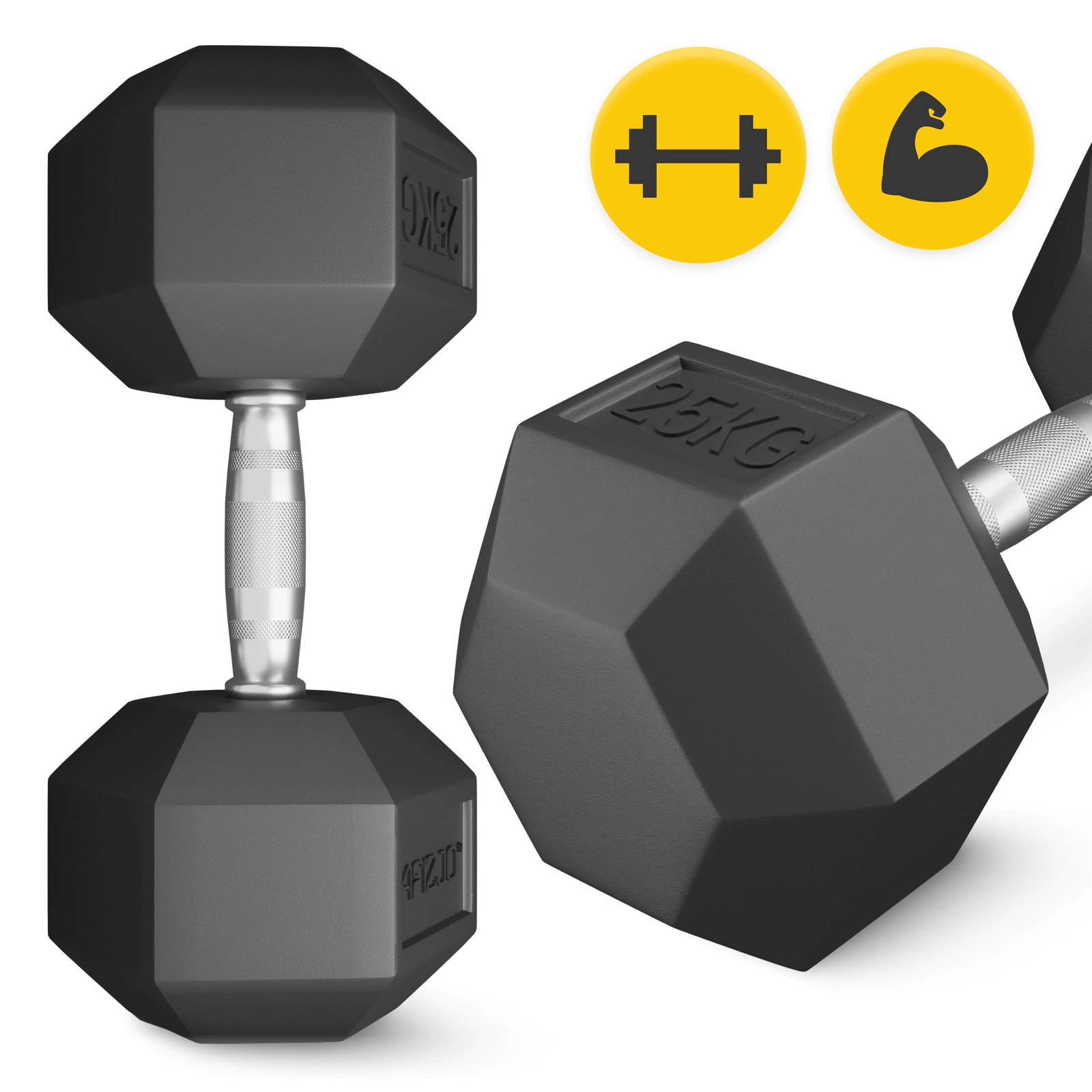 4Fizjo HEX Steel Dumbbell with Rubber Coating, 25 kg, Black
