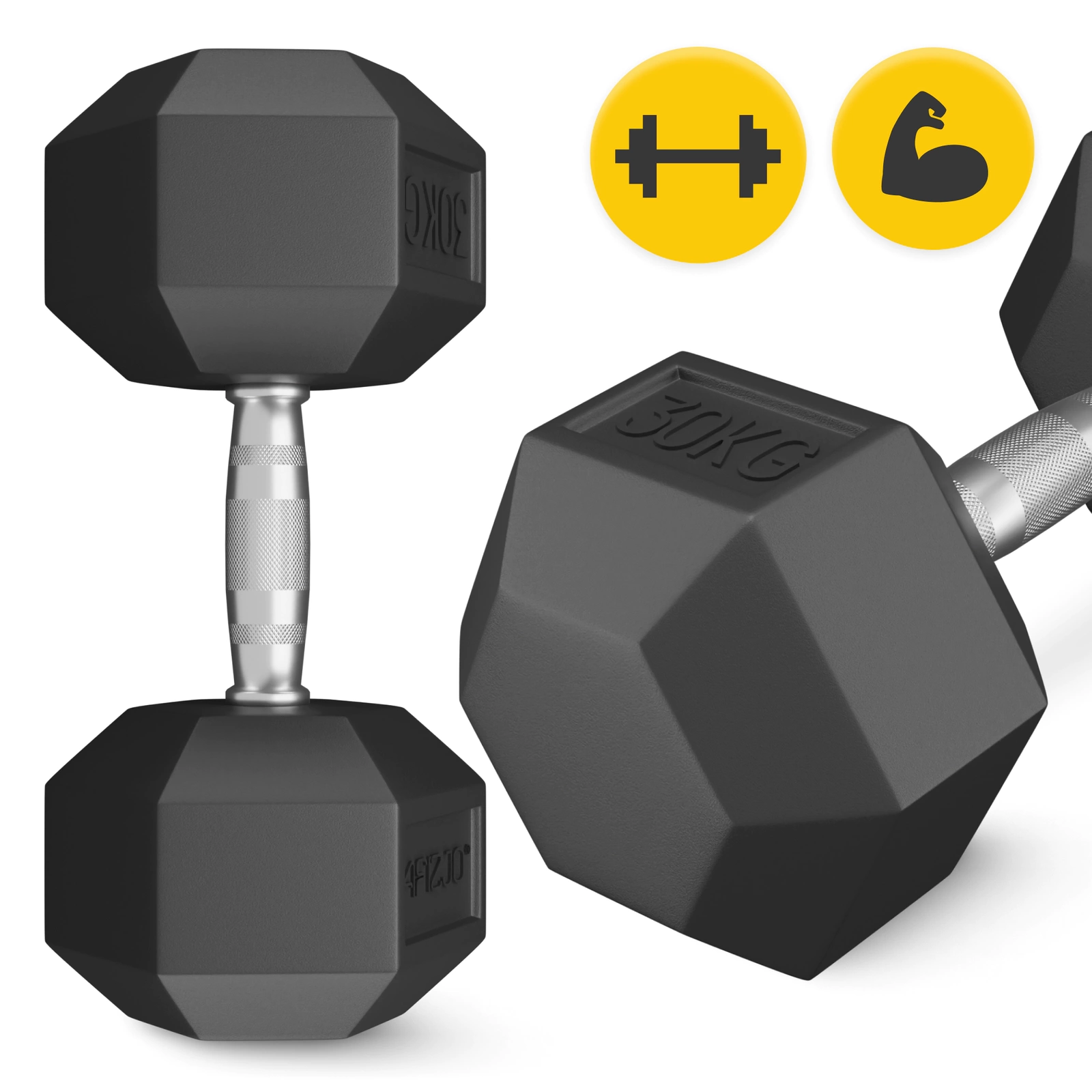 4Fizjo HEX Steel Dumbbell with Rubber Coating, 30 kg, Black