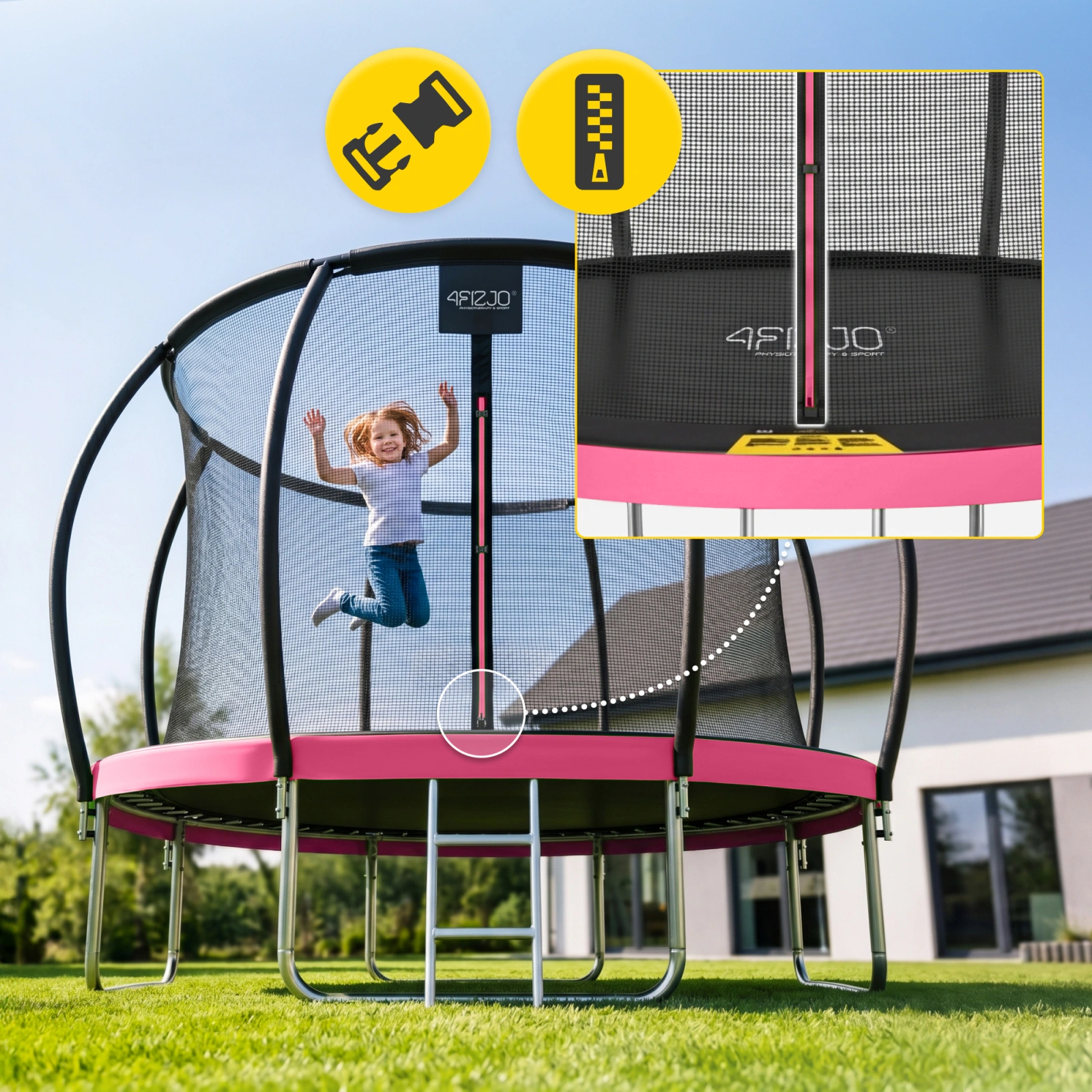 4Fizjo PRO Kids Garden Trampoline with Inner Net, 374 cm (12FT), Pink/Black
