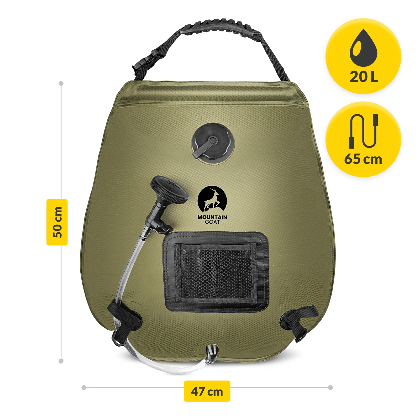 4Fizjo Mountain Goat Portable Solar Shower, 20L, Olive