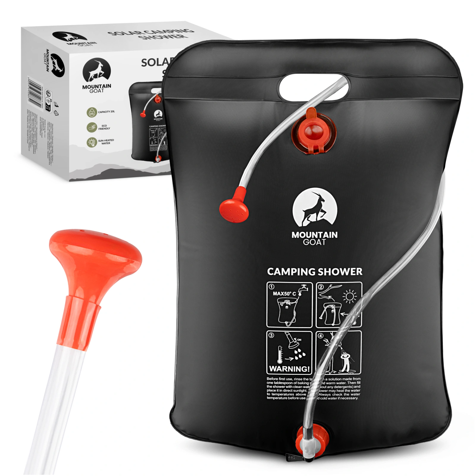 4Fizjo Mountain Goat Solar Camping Shower 20L, Black