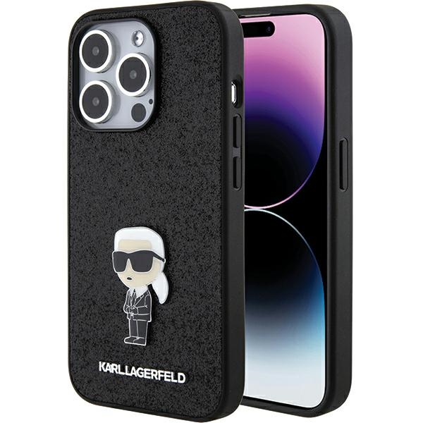 Karl Lagerfeld iPhone 15 Pro Case Glitter Ikonik Logo Metal Logo, Black
