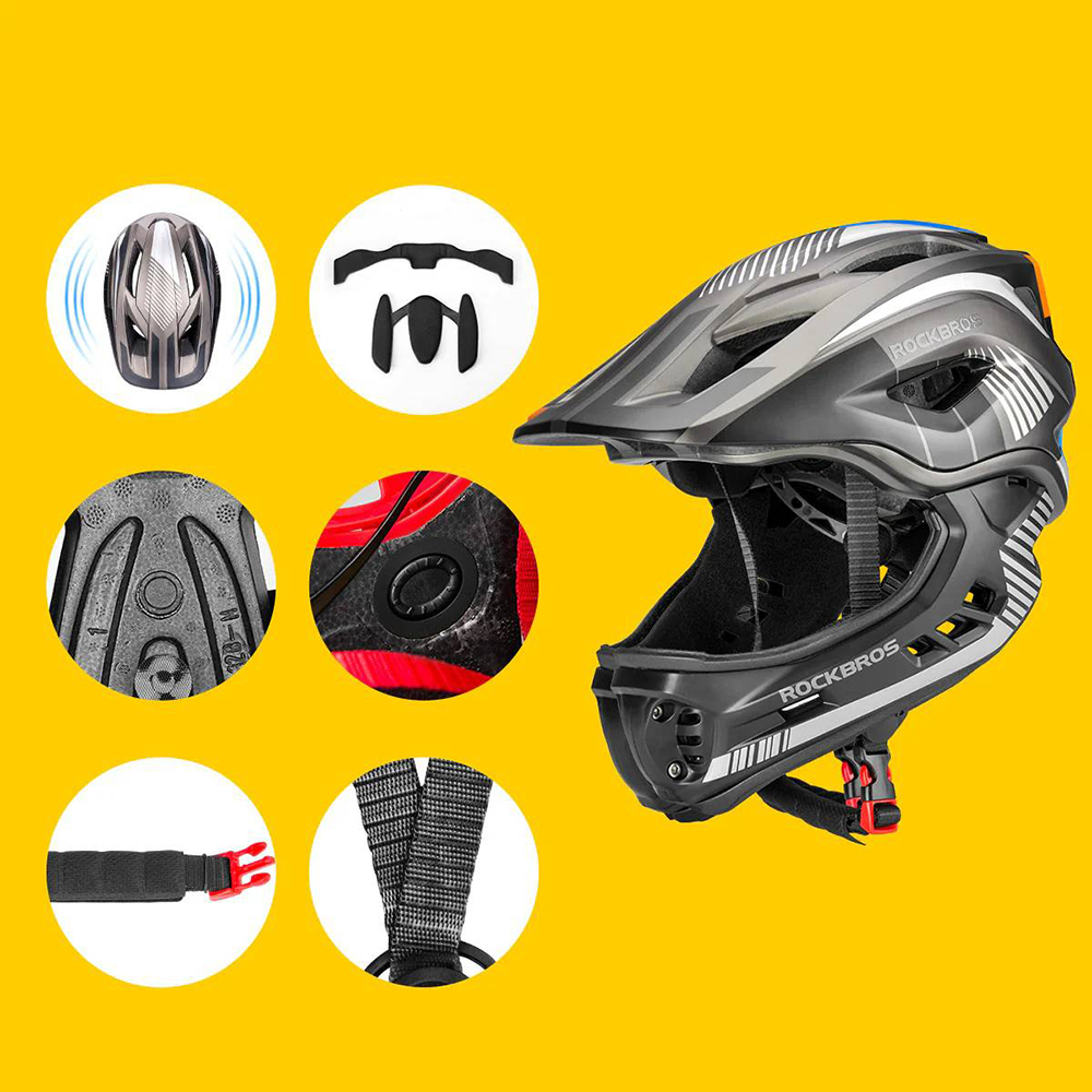 Rockbros TT-32SBTG-M Children\'s Bicycle Helmet with Removable Chinbar, Size M - Gray