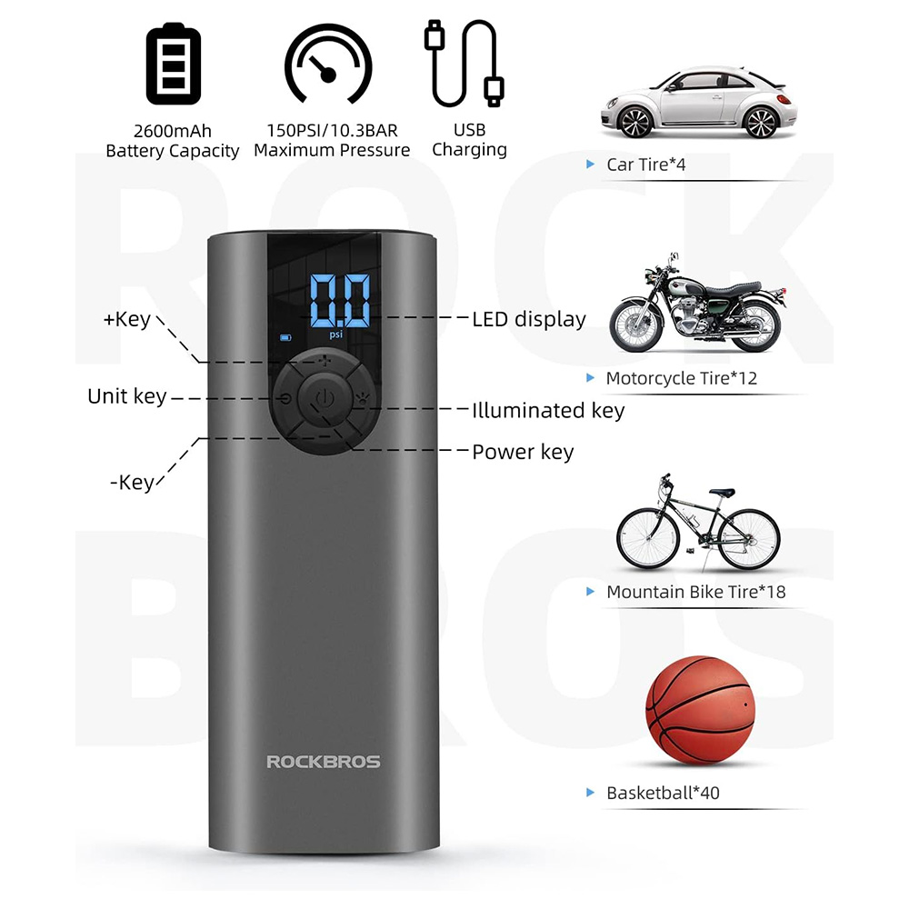 Rockbros 42720001001 Electric Bike Pump with LED Display, Black
