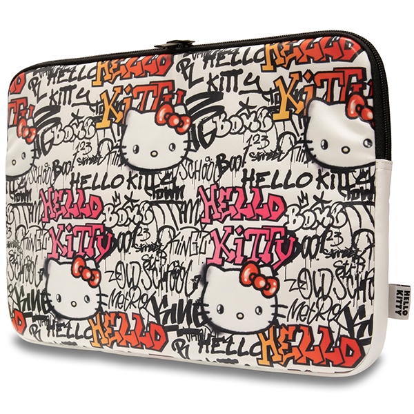 Hello Kitty 14\" Laptop Sleeve Zip PU Tags Graffiti, Beige