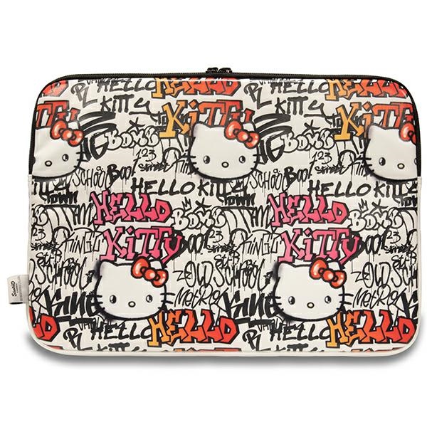 Hello Kitty 14\" Laptop Sleeve Zip PU Tags Graffiti, Beige