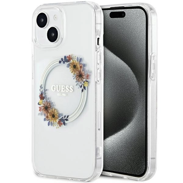 Guess IML Flowers Wreatch MagSafe case for iPhone 15 / 14 13 - transparent
