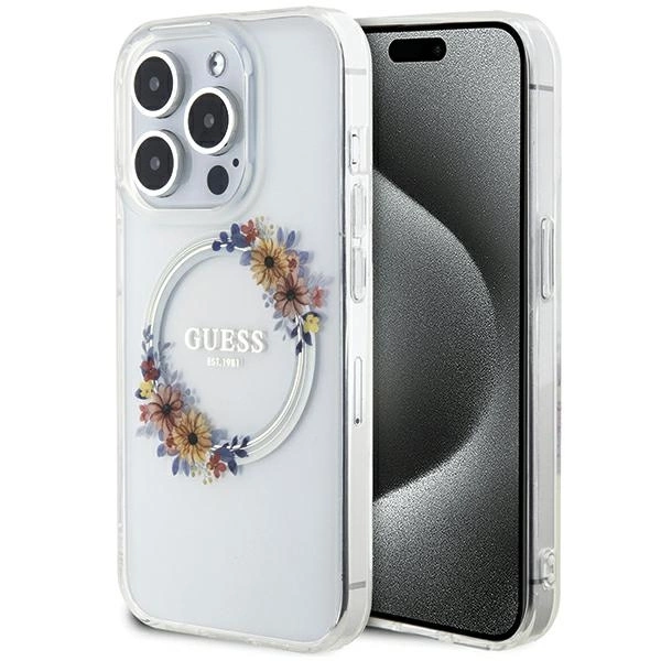Guess IML Flowers Wreatch MagSafe case for iPhone 15 Pro Max - transparent