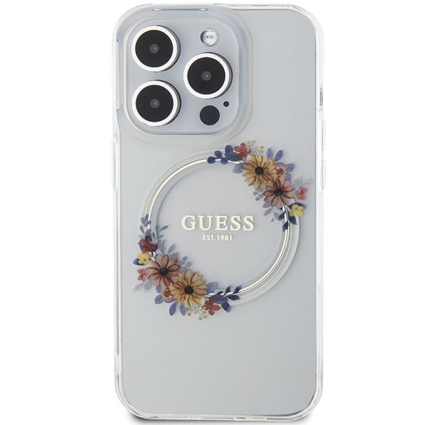 Guess iPhone 15 Pro Max Case IML Flowers Wreath MagSafe, Clear