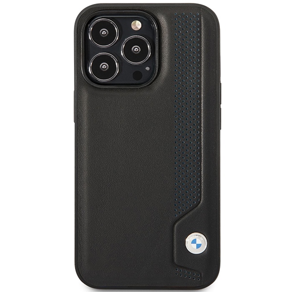 BMW iPhone 14 Pro Max vāciņš Leather Blue Dots, melns