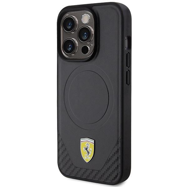 Ferrari iPhone 15 Pro Case Carbon Metal Logo MagSafe, Black