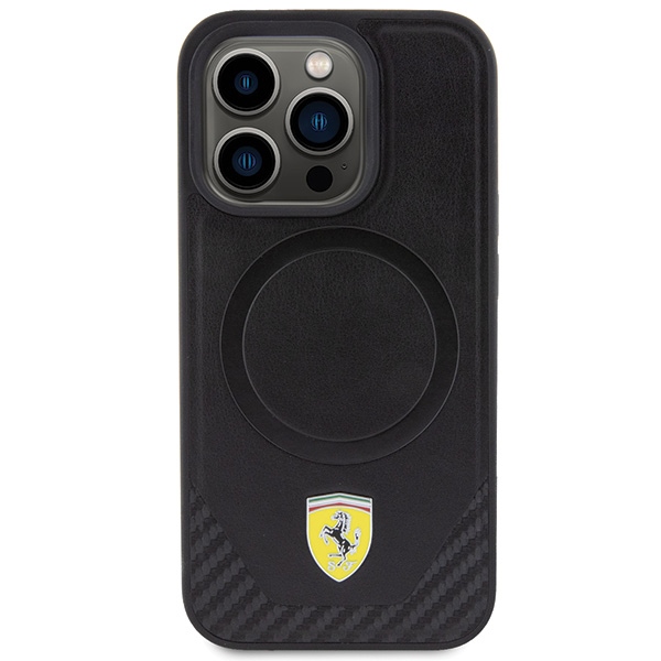 Ferrari iPhone 15 Pro Case Carbon Metal Logo MagSafe, Black