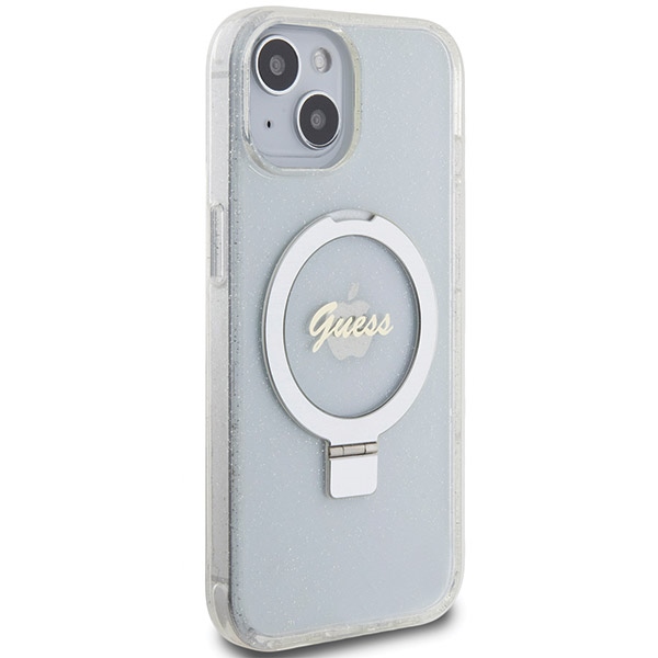 Guess Ring Stand Script Glitter MagSafe case for iPhone 15 / 14 / 13 - transparent