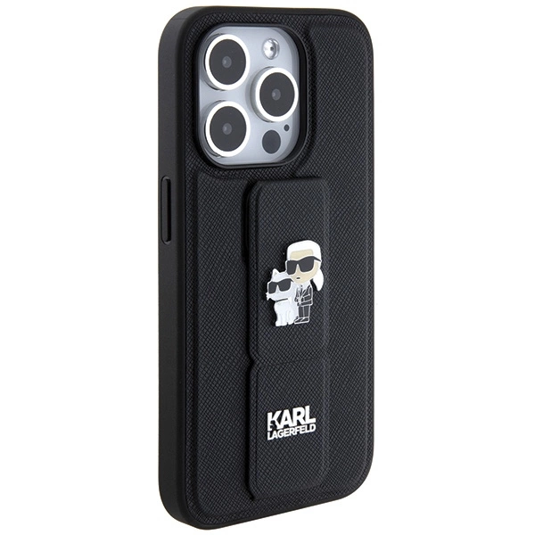 Apple iPhone 13 Pro Max 6.7\'\' Karl Lagerfeld Gripstand Saffiano Karl & Choupette Pins Cover Case, Black