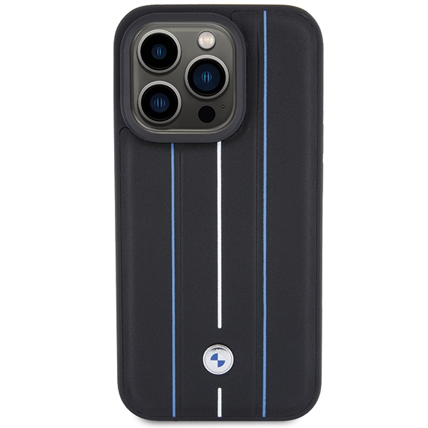 BMW Leather Stamp Blue Line Case for iPhone 15 Pro Max - Black