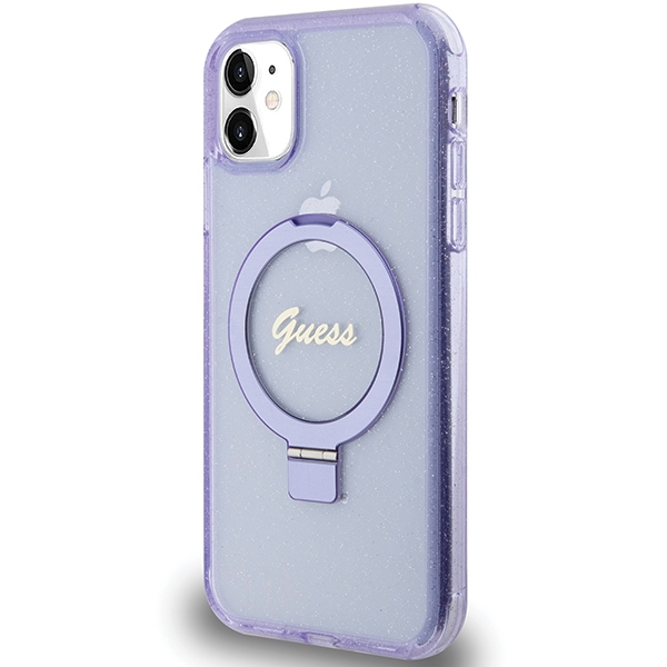 Guess iPhone 11 / XR Case Ring Stand Script Glitter MagSafe, Purple