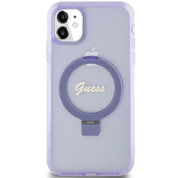 Guess iPhone 11 / XR Case Ring Stand Script Glitter MagSafe, Purple