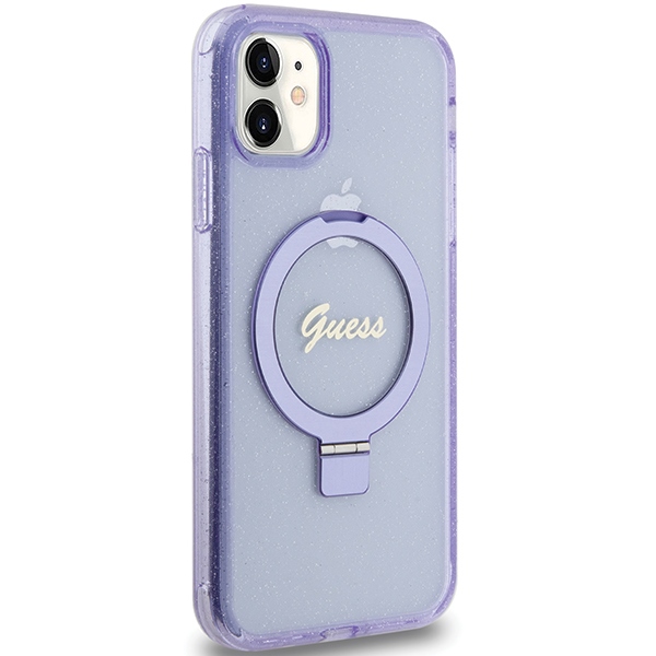 Guess iPhone 11 / XR Case Ring Stand Script Glitter MagSafe, Purple