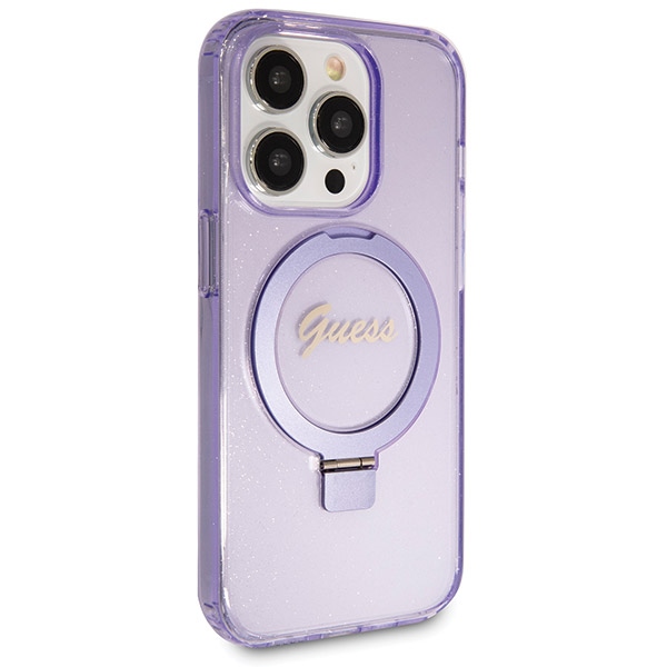 Guess iPhone 13 Pro Max Case Ring Stand Script Glitter MagSafe, Purple